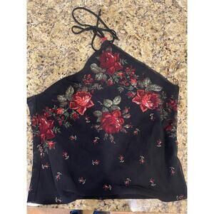 Camisole midriff sheer mesh  black red roses halter tie neck bust 30” waist 26 “
